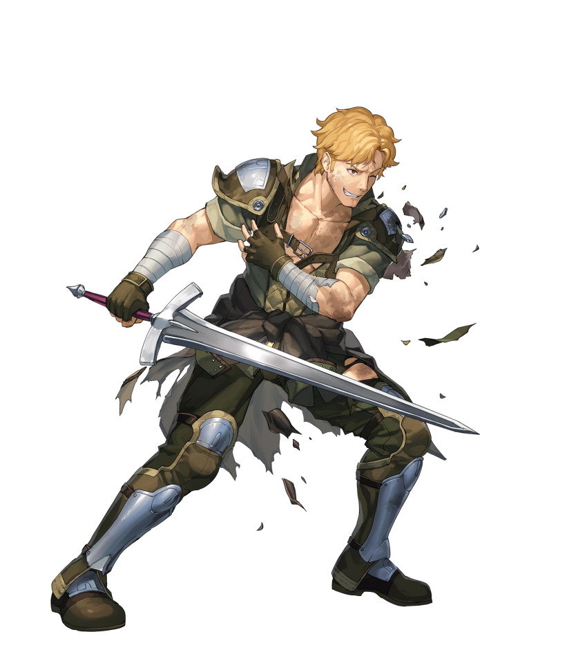 1boy abs bandaged_arm bandages blonde_hair brown_gloves clenched_teeth dai-xt damaged fingerless_gloves fire_emblem fire_emblem_echoes:_shadows_of_valentia fire_emblem_heroes gloves grin highres holding holding_sword holding_weapon jesse_(fire_emblem) male_focus nintendo non-web_source official_art one_eye_closed parted_bangs pectoral_cleavage pectorals shoulder_pads smile solo sword teeth torn_clothes wavy_hair weapon