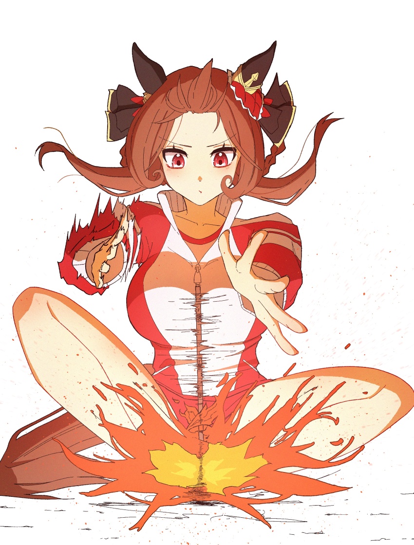 1girl absurdres animal_ears breasts brown_hair ear_covers fire floating_hair gentildonna_(umamusume) highres horse_ears horse_girl horse_tail jacket jagili_noe looking_down red_eyes red_jacket red_shorts shorts sitting solo sportswear tail umamusume white_background
