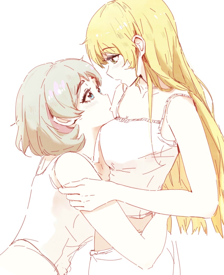 2girls absurdres blonde_hair blue_eyes breasts camisole commentary_request eye_contact grey_hair heanna_sumire highres hug long_hair looking_at_another love_live! love_live!_superstar!! medium_breasts multiple_girls sangdingting short_hair simple_background spaghetti_strap tang_keke white_background white_camisole yellow_eyes yuri