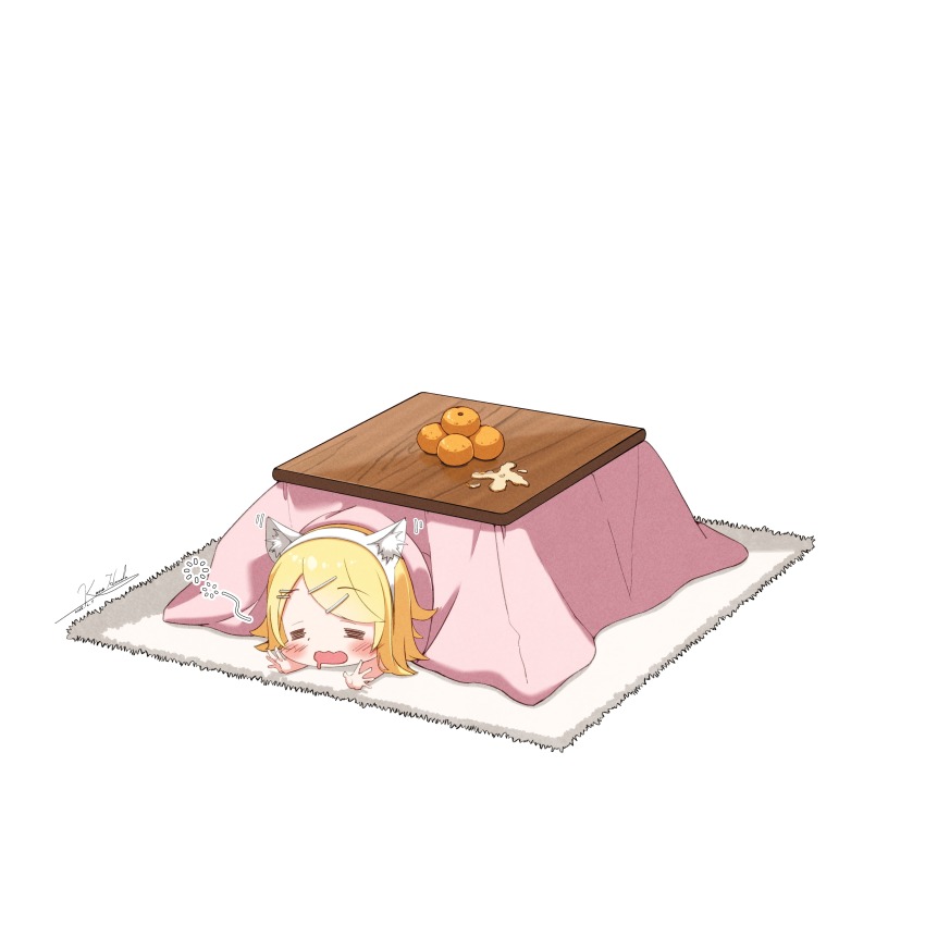=_= absurdres animal_ear_fluff animal_ear_hairband animal_ears artist_name blonde_hair blush cat_ear_hairband cat_ears chibi closed_eyes commentary_request dated drooling facing_viewer fake_animal_ears food fruit hair_ornament hairband hairclip highres kagamine_rin kaoro_hanaoka kotatsu lying mat motion_lines negative_space on_stomach open_hands open_mouth orange_(fruit) orange_peel signature simple_background squeans swept_bangs table under_kotatsu under_table vocaloid white_background