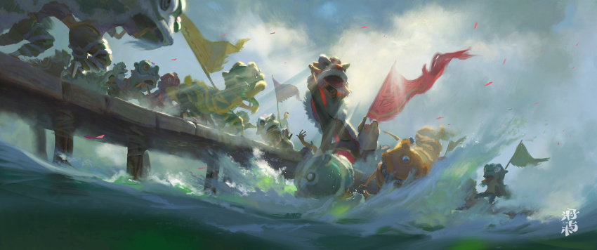 6+boys artist_name blue_sky chinese_commentary chinese_new_year cloud cloudy_sky commentary_request day dragon eastern_dragon faceless faceless_male flag grey_pants grey_shirt highres holding holding_flag multiple_boys ocean original outdoors pants purple_shirt reaching reaching_towards_another scenery shirt sky splashing t-shirt torn_flag watermark waves wide_shot zimuyu_zim