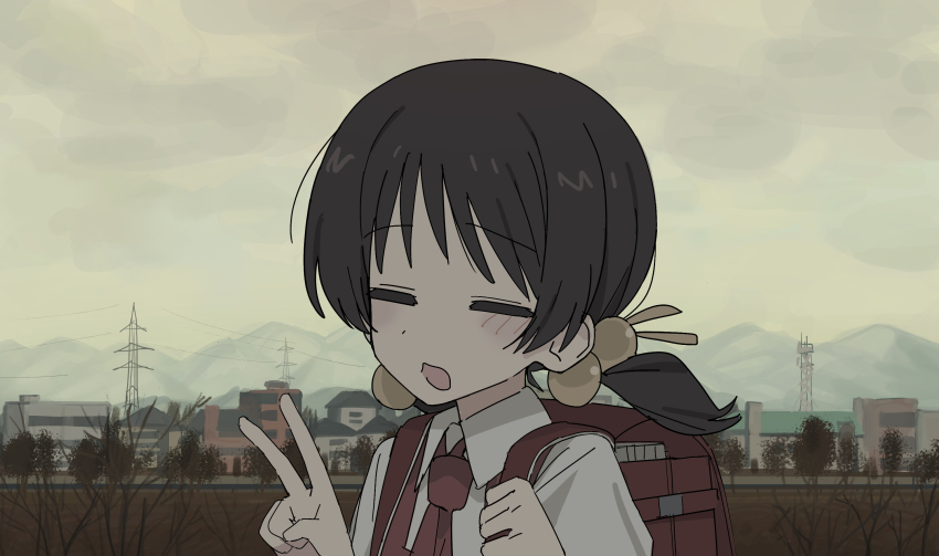 1girl backpack bag black_hair blush building bush channel_(caststation) clenched_hand closed_eyes cloud cloudy_sky collared_shirt highres kaai_yuki kyoufuu_all_back_(vocaloid) medium_hair mountain necktie open_mouth ponytail portrait power_lines radio_tower randoseru red_necktie school_uniform shirt sky tree v vocaloid white_shirt