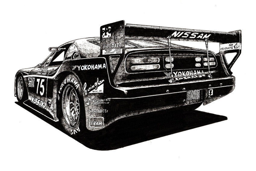 ballpoint_pen_(medium) car company_name from_behind highres monochrome motor_vehicle nissan nissan_300zx nissan_300zx_(z32) nissan_fairlady_z no_humans original pen_(medium) spoiler_(automobile) traditional_media tsumujimagari vehicle_focus white_background