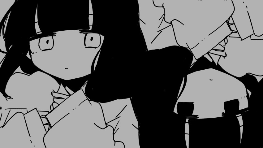 2girls black_eyes blunt_bangs closed_mouth empty_eyes expressionless from_above grey_background greyscale haru_no_sekibaku_(vocaloid) highres hood hoodie inabakumori long_hair looking_at_viewer milestone_celebration mixed-language_commentary monochrome multiple_girls no_nose nukunuku_nigirimeshi osage_(nukunuku_nigirimeshi) symmetry