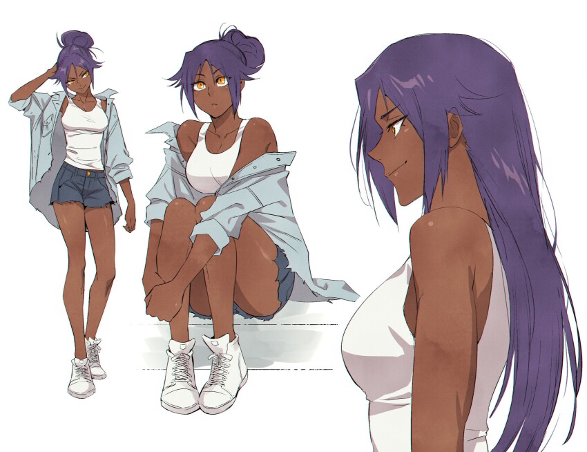 1girl absurdres alternate_costume bare_legs bare_shoulders black_shorts bleach blue_shirt breasts cleavage collarbone collared_shirt commentary cutoffs dark-skinned_female dark_skin english_commentary hair_bun hair_down hand_to_head highres hugging_own_legs large_breasts legs long_hair looking_to_the_side multiple_views off_shoulder parted_bangs purple_hair shihouin_yoruichi shirt shoes shorts sitting sleeves_rolled_up smile sneakers tank_top thighs toned toned_female white_footwear white_tank_top yellow_eyes yshjsw