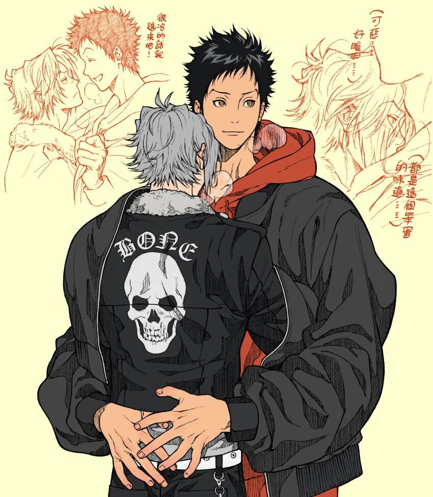 2boys arms_around_waist belt black_hair black_jacket black_pants brown_eyes closed_eyes closed_mouth commentary cowboy_shot fur-trimmed_collar fur_trim gokudera_hayato grey_hair grin highres hood hood_down hoodie jacket katekyo_hitman_reborn! light_frown looking_at_another looking_to_the_side male_focus multiple_boys open_clothes open_jacket pants print_jacket red_hoodie short_hair sideways_glance smile translation_request umkaqryi white_belt white_fur yamamoto_takeshi yaoi