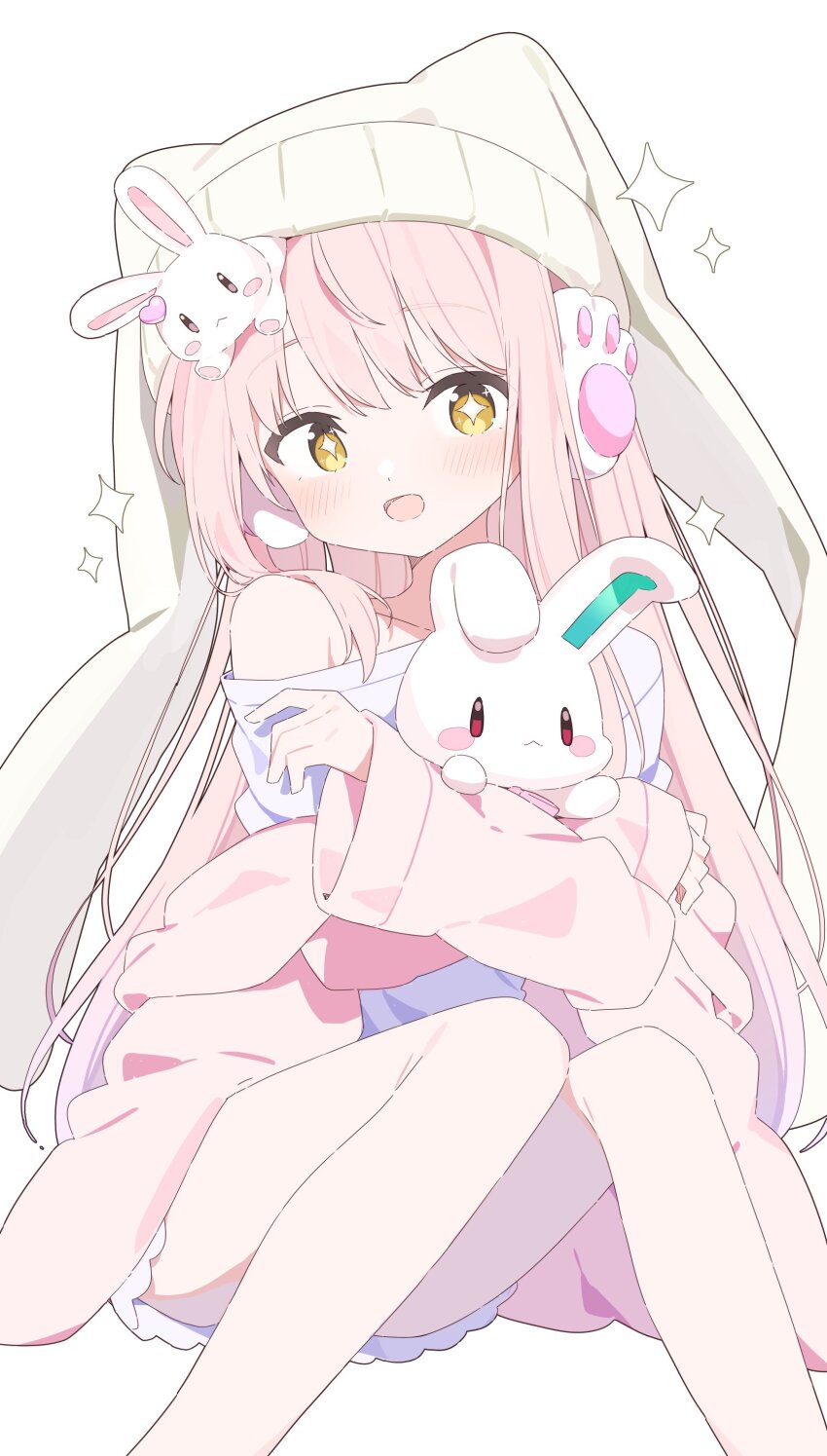 +_+ 1girl :d absurdres animal_hat beanie blush borrowed_character commentary_request commission feet_out_of_frame hat highres holding holding_stuffed_toy long_hair long_sleeves looking_at_viewer open_mouth original pink_hair pink_sweater rabbit_hat shirt simple_background single_bare_shoulder sitting skeb_commission smile solo stuffed_animal stuffed_rabbit stuffed_toy sweater urotsuki_(ku9625) white_background white_hat white_shirt yellow_eyes