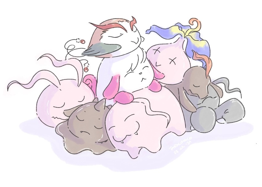 chocomon digimon digimon_(creature) digimon_survive dog highres koromon no_humans pinamon pukamon pyocomon sleeping tail tokomon tsumemon wings xiaomu