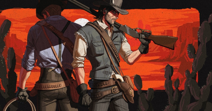 2boys arthur_morgan bandolier belt black_facial_hair cowboy cowboy_hat cowboy_western facial_hair gun haddockkkk handgun hat highres john_marston male_focus multiple_boys pump_action red_dead_redemption_(series) red_dead_redemption_2 revolver vest weapon western