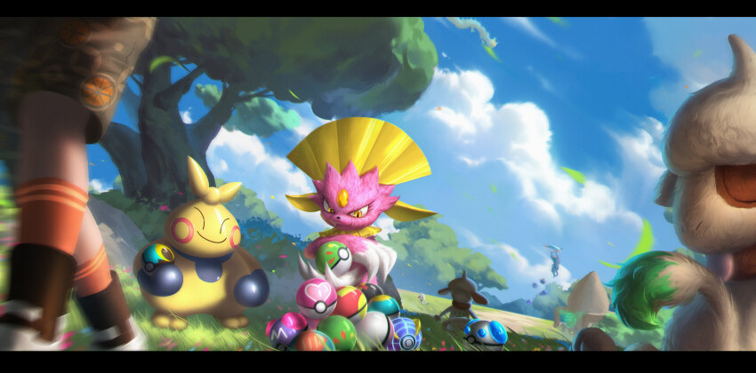 2boys absurdres beast_ball fast_ball friend_ball gen_2_pokemon gen_3_pokemon gen_4_pokemon head_out_of_frame heavy_ball highres holding level_ball link love_ball makuhita master_ball moon_ball multiple_boys nintendo poke_ball pokemon pokemon_(creature) smeargle the_legend_of_zelda the_legend_of_zelda:_breath_of_the_wild weavile wer_(no0701)