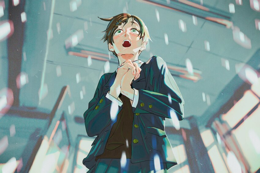 1girl :o awestruck blazer blue_jacket blue_skirt blurry blurry_background blush brown_sweater ceiling ceiling_light classroom collared_shirt commentary curtains depth_of_field door fluorescent_lamp from_below futsuu_no_keion-bu green_eyes green_hair hashtag-only_commentary highres indoors interlocked_fingers jacket kouyama_rin lapels light_particles mumumi notched_lapels open_door open_mouth own_hands_clasped own_hands_together pixie_cut scene_reference school school_uniform shirt short_hair skirt solo surprised sweater teeth tile_ceiling tiles upper_body upper_teeth_only white_shirt wide-eyed window