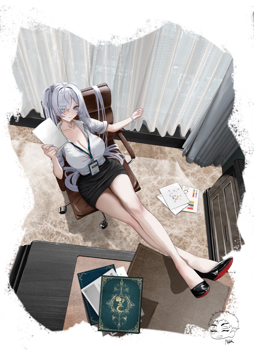 1girl absurdres alternate_costume black_shoes black_skirt blue_eyes breasts chair christian_louboutin_(brand) cinderella_(nikke) cleavage commentary crossed_ankles curtains danny_marx english_commentary eyes_visible_through_hair from_above goddess_of_victory:_nikke high_heels highres holding holding_paper id_card indoors long_hair louboutins miniskirt office_lady on_chair paper patent_heels pencil_skirt pumps red_soles shirt shoes sitting skirt smile solo stiletto_heels twintails very_long_hair white_hair white_shirt