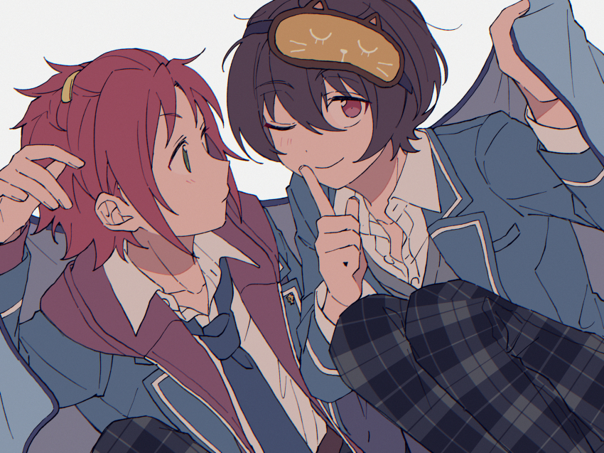 2boys arm_up ensemble_stars! eyewear_on_head finger_to_mouth hand_up highres implied_yaoi isara_mao knees_up lifting_covers looking_at_another looking_at_viewer male_focus multiple_boys niyororinpayamaru one_eye_closed partially_unbuttoned sakuma_ritsu school_uniform shared_blanket simple_background sitting sleep_mask smile yumenosaki_school_uniform