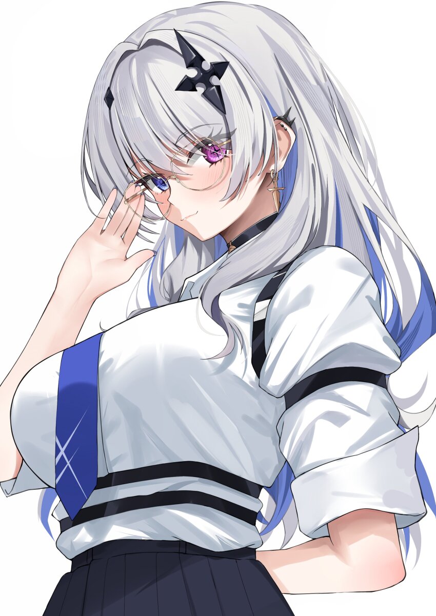 1girl absurdres adjusting_eyewear arm_behind_back black_choker black_skirt blue_eyes blue_hair blue_necktie blush breasts choker closed_mouth collared_shirt colored_inner_hair cross cross_earrings earrings glasses hair_intakes hand_on_eyewear heterochromia highres jewelry large_breasts long_hair long_sleeves looking_at_viewer multicolored_hair necktie nemun_(tamizzz) neo-porte pink_eyes pleated_skirt round_eyewear shirt simple_background skirt smile solo straight_hair tented_shirt tentei_forte upper_body virtual_youtuber white_background white_hair white_shirt