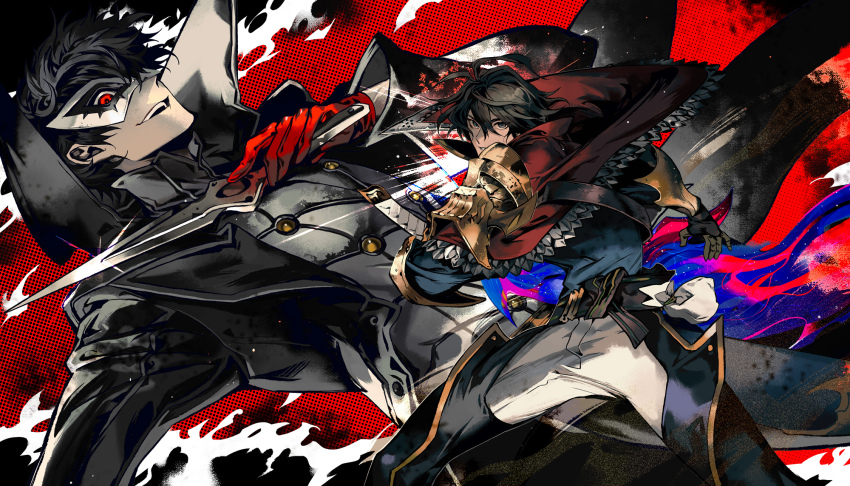 aldo_(another_eden) amamiya_ren another_eden black_coat black_hair blue_tunic coat crossover gloves highres holding holding_knife holding_sword holding_weapon kaifei_(kaifei_29) knife mask multiple_boys persona persona_5 red_eyes red_gloves single_shoulder_pad steel-toe_boots sword tunic weapon white_mask