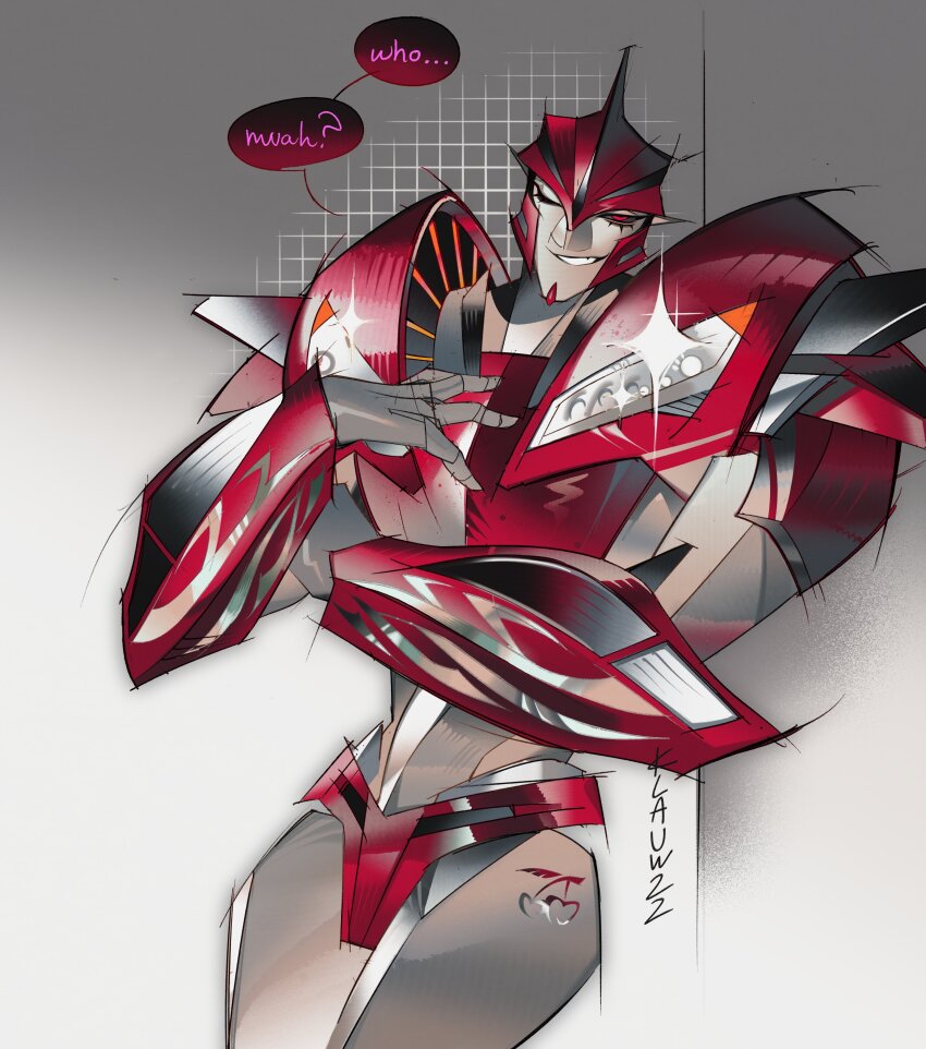 absurdres commentary decepticon english_commentary glint grey_background hand_on_own_chest highres klauw22 knockout_(transformers) looking_at_viewer mecha mecha_focus no_humans one_eye_closed parted_lips red_eyes robot science_fiction smirk solo speech_bubble transformers transformers_prime