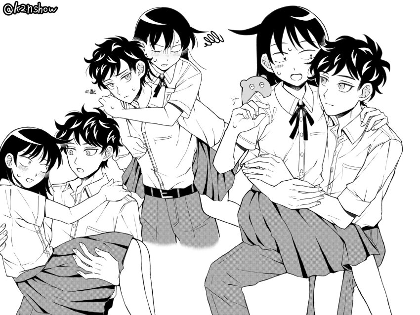 1boy 1girl :o animal animal_on_shoulder arms_around_neck arms_around_waist belt bien_(k2nshow) blush breast_pocket carrying closed_eyes collared_shirt commentary cropped_legs dress_shirt eye_contact feet_out_of_frame flustered furrowed_brow futsuu_no_keion-bu greyscale hand_on_another&#039;s_back hand_on_another&#039;s_leg hand_on_another&#039;s_shoulder hatono_chihiro hetero highres looking_at_another medium_hair mizuo_haruichi monochrome multiple_views open_mouth pants piggyback pleated_skirt pocket princess_carry school_uniform shirt shirt_tucked_in short_hair short_sleeves side_ahoge simple_background sitting sitting_on_lap sitting_on_person skirt squiggle tsurime twitter_username u_u wavy_hair white_background wing_collar