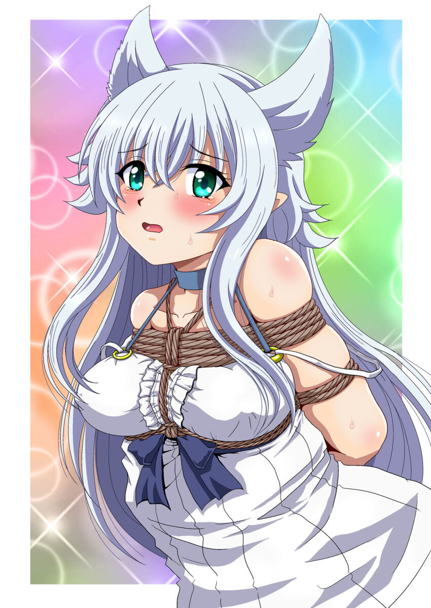 1girl animal_ears arms_behind_back bare_shoulders bdsm between_breasts blue_hair blue_ribbon blush bondage bound bound_arms bound_breasts bound_torso breast_bondage breasts collar collarbone collared_dress crying crying_with_eyes_open dress embarrassed extra_ears female_focus fenrys frilled_dress frills green_eyes hair_between_eyes highres imminent_rape kidnapped kidnapping long_hair looking_ahead looking_at_viewer lv2_kara_cheat_datta_moto_yuusha_kouho_no_mattari_isekai_life medium_breasts multicolored_hair nipples nipples_visible_through_shirt open_mouth parted_lips pointy_ears ribbon rope shibari shibari_over_clothes sidelocks simple_background solo spaghetti_strap sparkle_background sweat sweatdrop tearing_up tears thirty_saver_street tongue two-tone_hair very_long_hair white_background white_dress white_hair wolf_ears wolf_girl