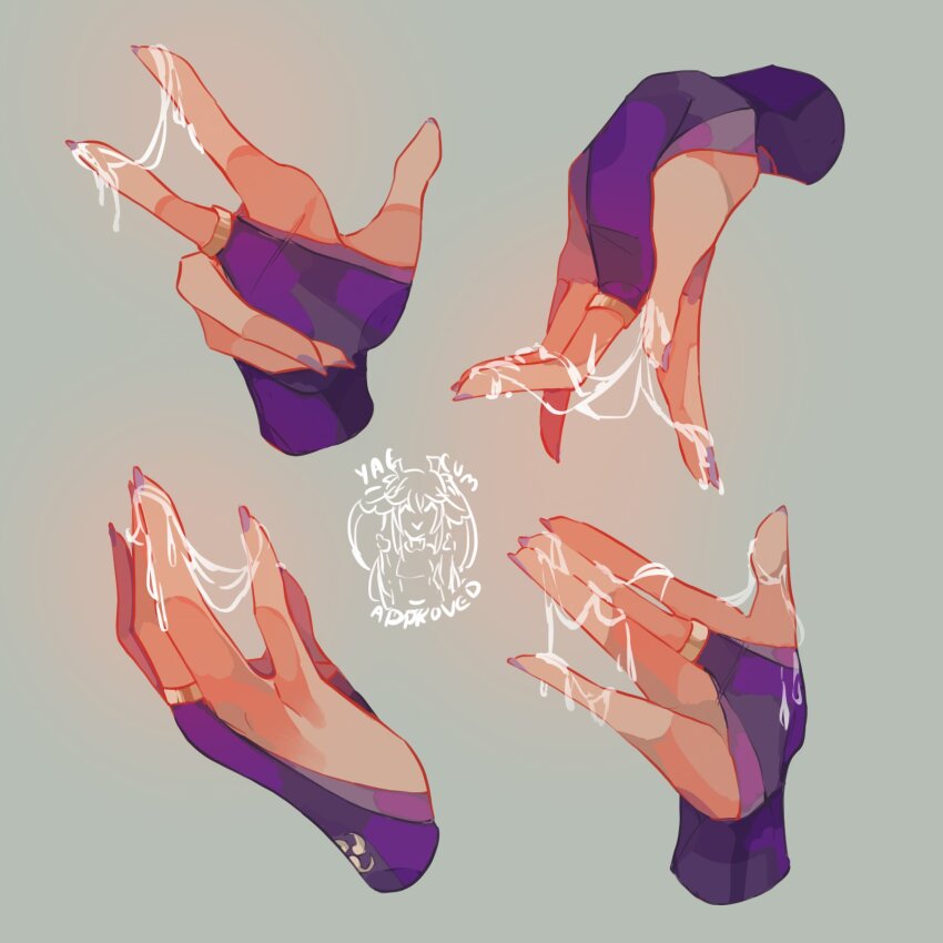 bridal_gauntlets c_ry_o fingernails genshin_impact grey_background hands_up highres implied_sex implied_yuri mitsudomoe_(shape) purple_nails pussy_juice raiden_shogun shade sharp_fingernails simple_background tomoe_(symbol) yae_miko