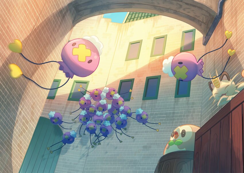 absurdres arch barrel bird bright_pupils building commentary_request crate day drifloon gen_1_pokemon gen_4_pokemon gen_7_pokemon highres meowth mokukitusui motion_blur nintendo no_humans open_mouth outdoors pokemon pokemon_(creature) rowlet solid_oval_eyes window