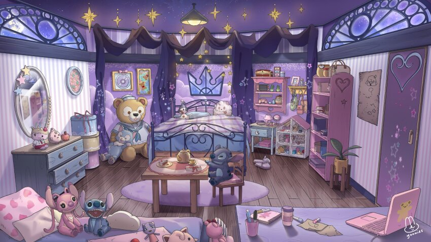 absurdly_detailed_composition absurdres animal_slippers bag bed bedroom blanket book bow box bunny_slippers cactus cake cake_slice candle chair clefairy cleffa cloud_print commentary commission computer controller cosmetics crescent crown_(symbol) cup curtains disposable_cup doll_house door drawer drawing_(object) english_commentary food full_moon game_controller gen_1_pokemon gen_2_pokemon gen_4_pokemon gen_6_pokemon gift gift_box handheld_game_console hanging_light heart heart_print highres indoors jar lamp laptop lilo_&amp;_stitch loaded_interior mime_jr. mirror moon nail_polish_bottle night nintendo no_humans notebook original paper pen picture_frame pillow plant plate pokemon potted_plant rug scenery shelf slippers star_(symbol) star_print stitch_(lilo_&amp;_stitch) stuffed_animal stuffed_cat stuffed_toy swirlix table teacup teapot teddy_bear vinyl_record window wooden_floor yunny_(cureyunny)