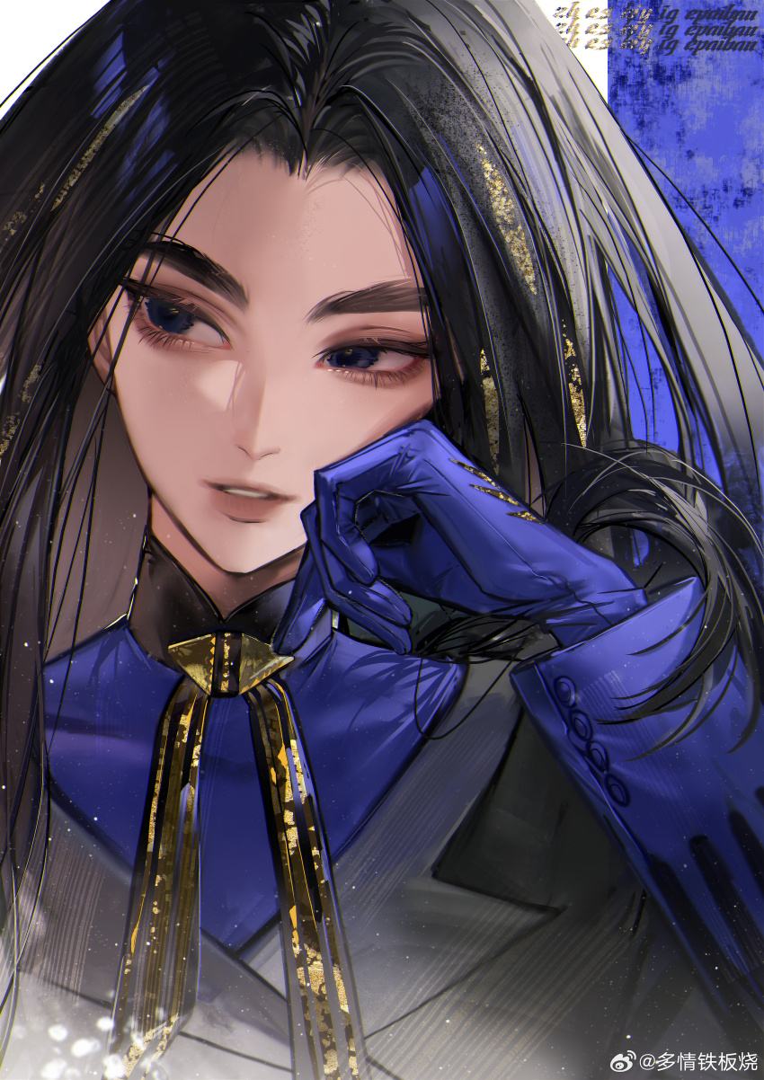 1girl absurdres black_hair black_jacket blonde_hair blue_eyes blue_gloves chinese_commentary commentary_request duoqing_tie_ban_shao geeta_(pokemon) gloves head_rest highres jacket long_hair long_sleeves multicolored_hair neck_ribbon nintendo parted_lips pokemon pokemon_sv portrait ribbon solo two-tone_hair watermark