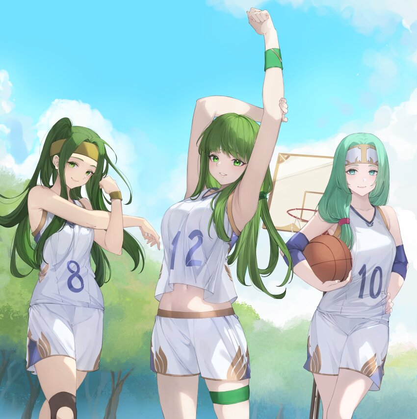 3girls absurdres ball basketball_(object) basketball_court basketball_hoop basketball_jersey basketball_uniform blue_sky cloud commentary english_commentary fire_emblem fire_emblem:_mystery_of_the_emblem fire_emblem:_path_of_radiance fire_emblem:_radiant_dawn fire_emblem:_shadow_dragon_and_the_blade_of_light fire_emblem:_the_sacred_stones fire_emblem_heroes green_eyes green_hair hairband headband highres legband long_hair looking_at_viewer midriff_peek multiple_girls nintendo outdoors palla_(fire_emblem) ritence shirt shorts sigrun_(fire_emblem) sky sleeveless sleeveless_shirt smile sportswear stretching syrene_(fire_emblem) tree white_shorts wristband