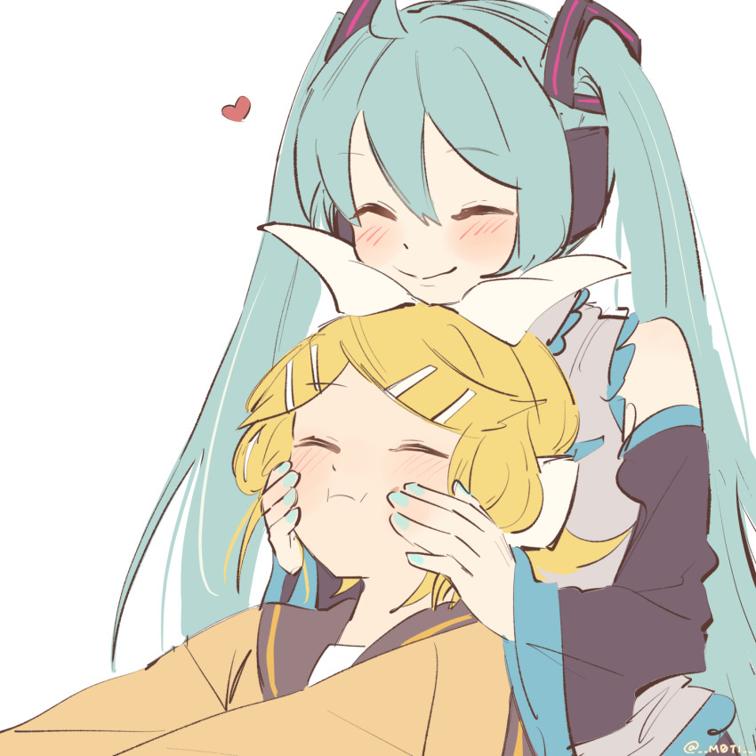2girls :i aqua_hair aqua_nails bare_shoulders black_sailor_collar black_sleeves blonde_hair bow cheek_squash chin_rest closed_eyes commentary detached_sleeves grey_shirt hair_bow hair_ornament hairclip happy hatsune_miku head_on_head head_rest headphones headset heart highres kagamine_rin light_blush long_hair m0ti multiple_girls nail_polish necktie on_lap orange_sweater sailor_collar shirt short_hair sitting sitting_on_lap sitting_on_person sleeveless sleeveless_shirt smile sweater swept_bangs twintails upper_body very_long_hair vocaloid white_background white_bow white_shirt yuri