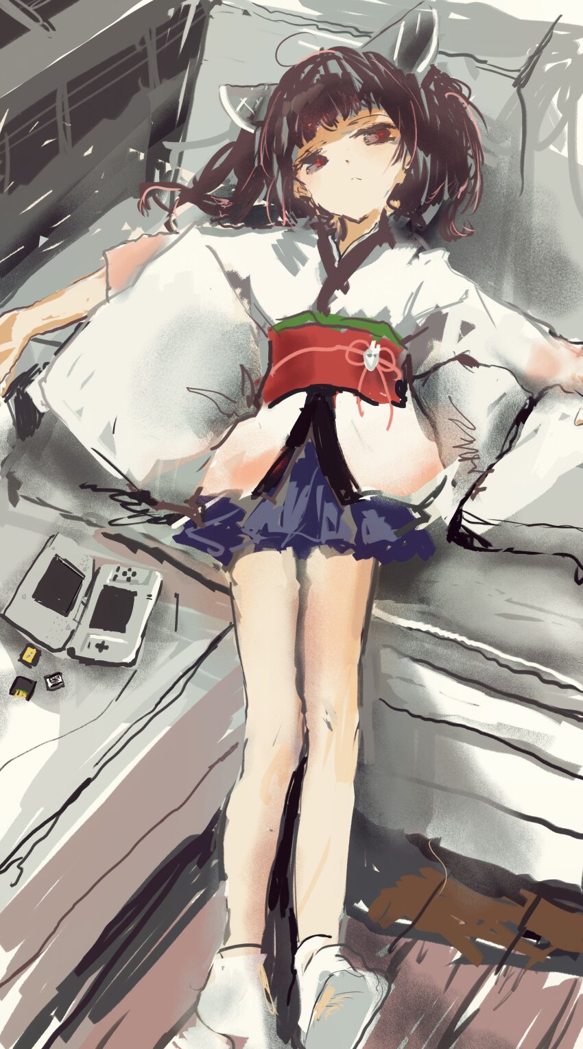 1girl absurdres ahoge blue_skirt brown_hair closed_mouth commentary_request couch cushion from_above full_body game_cartridge half-closed_eyes handheld_game_console headgear highres indoors japanese_clothes kabuyama_kaigi kimono long_sleeves looking_at_viewer looking_up lying miniskirt nintendo_ds obi obiage obijime on_back on_couch on_cushion outstretched_arms outstretched_legs pleated_skirt red_eyes relaxing sash short_kimono skirt socks solo spread_arms touhoku_kiritan voiceroid white_kimono white_socks wooden_floor