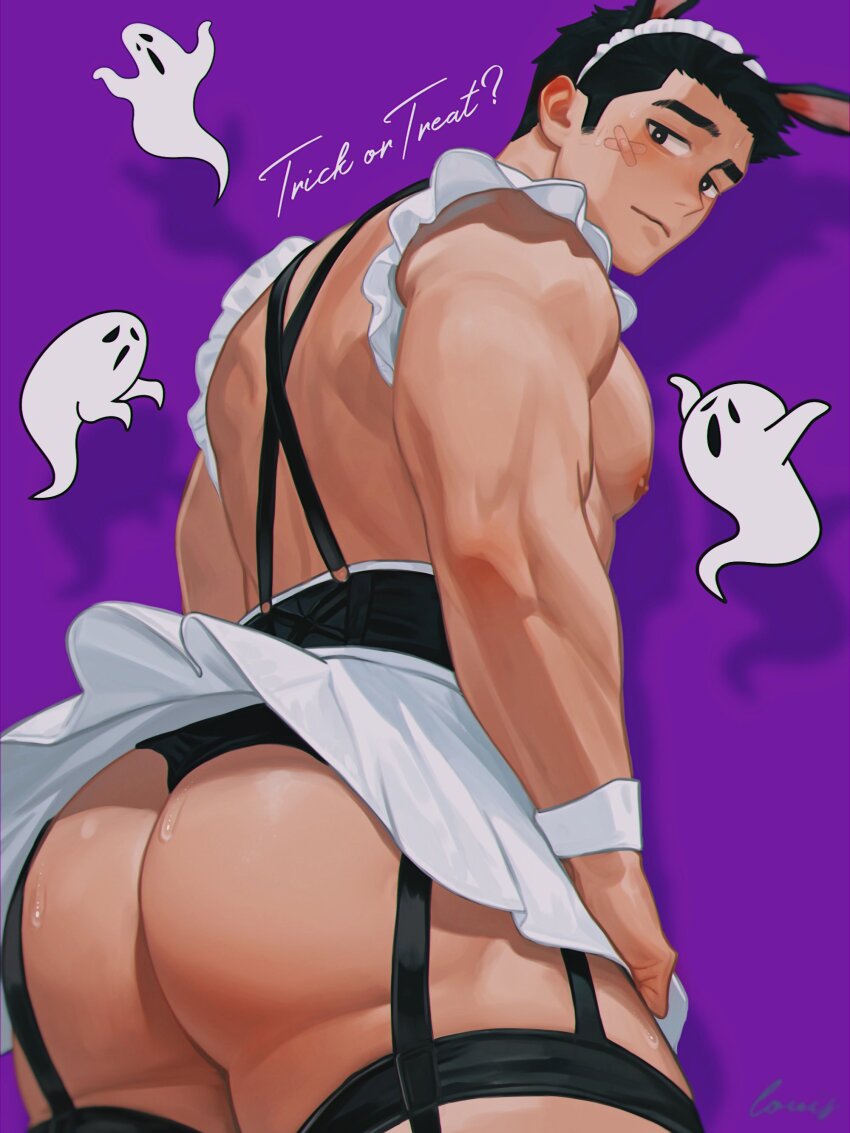 1boy absurdres animal_ears ao_isami ass bandaid bandaid_on_cheek bandaid_on_face bara black_hair closed_mouth halloween highres large_pectorals lingerie looking_back louis_tjxx male_focus miniskirt muscular muscular_arms muscular_male nipples pectorals purple_background rabbit_ears short_hair simple_background skirt solo thighs trick_or_treat underwear white_skirt yuuki_bakuhatsu_bang_bravern