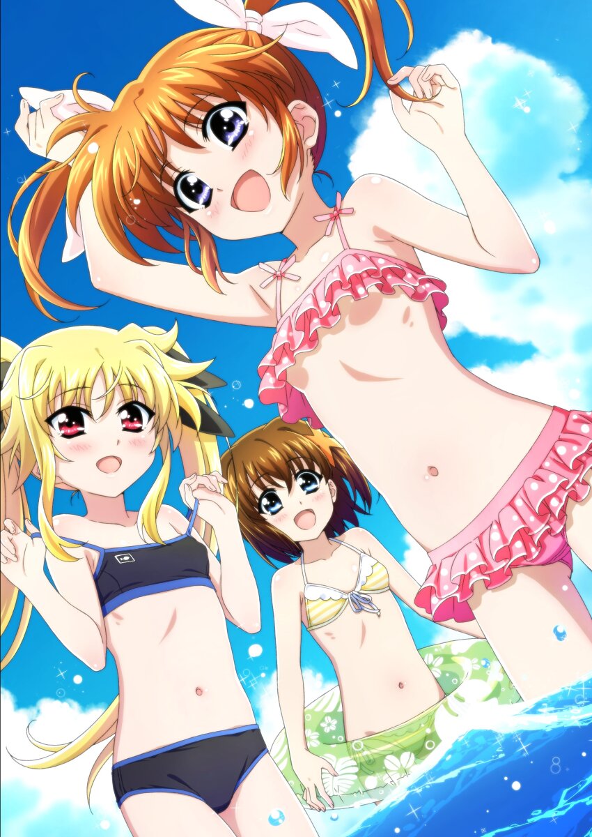 3girls absurdres bikini black_bikini blonde_hair blue_sky blush brown_hair cloud commentary_request fate_testarossa flat_chest frilled_bikini frills highres innertube long_hair looking_at_viewer lyrical_nanoha mahou_shoujo_lyrical_nanoha miyajima_hitoshi multiple_girls navel open_mouth outdoors pink_bikini short_hair sky smile swim_ring swimsuit takamachi_nanoha twintails wading water yagami_hayate yellow_bikini