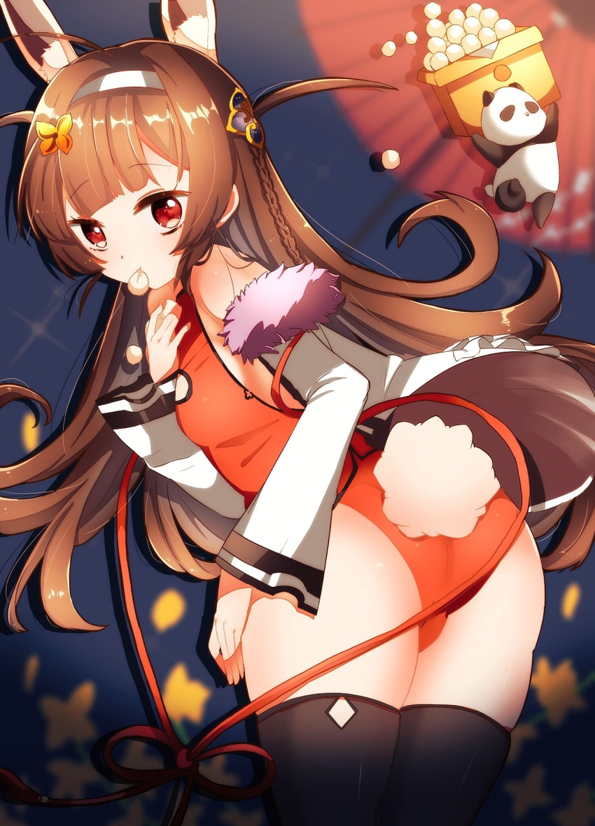 1girl ahoge animal animal_ear_fluff animal_ears ass azur_lane bare_shoulders black_thighhighs braid breasts brown_hair commentary_request female_focus food_in_mouth fur-trimmed_jacket fur_trim hairband highres jacket kemonomimi_mode leotard long_hair long_sleeves looking_at_viewer looking_back makalo_ni_hakase mouth_hold off_shoulder panda ping_hai_(azur_lane) ping_hai_(osmanthus_moon_rabbit)_(azur_lane) rabbit_ears rabbit_girl rabbit_tail red_eyes red_leotard side_braid single_braid small_breasts solo tail thighhighs very_long_hair white_hairband white_jacket wide_sleeves