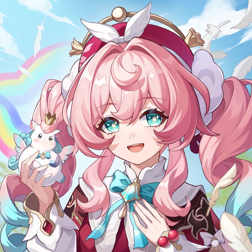 1girl 1other absurdres aqua_eyes aqua_hair beret crown falling_feathers feathers gradient_hair hair_between_eyes hair_intakes hat highres holding honkai:_star_rail honkai_(series) hyacine_(honkai:_star_rail) little_ica_(honkai:_star_rail) long_hair long_sleeves looking_at_viewer mini_crown multicolored_hair nekochan233 open_mouth pink_hair pink_nails red_hat smile white_feathers