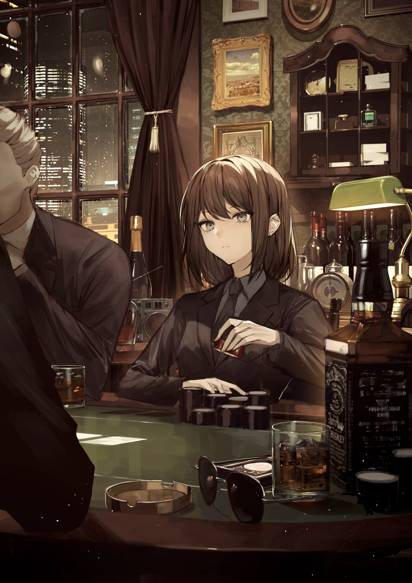 1girl 2boys absurdres alcohol ashtray bar_(place) barbell_piercing black_eyeliner black_hair black_necktie black_shirt black_suit blue_eyes bottle brandy_(alcohol) cabinet card champagne_bottle city cityscape clock commentary_request cup curtains drink drinking_glass ear_piercing earrings elbows_on_table expressionless eyelashes eyeliner formal_clothes gambling glass_bottle hair_between_eyes highres ice indoors industrial_piercing jack_daniel&#039;s jacket jewelry lamp loaded_interior long_sleeves makeup medium_hair multiple_boys multiple_piercings necktie night original painting_(object) perfume_bottle picture_frame piercing playing_card poker poker_chip poker_table radio radio_antenna red_wine shirt short_hair sidelocks suit suit_jacket sunglasses table tail tail_ornament tail_piercing tamitami whiskey white_shirt window wine wine_bottle wooden_table