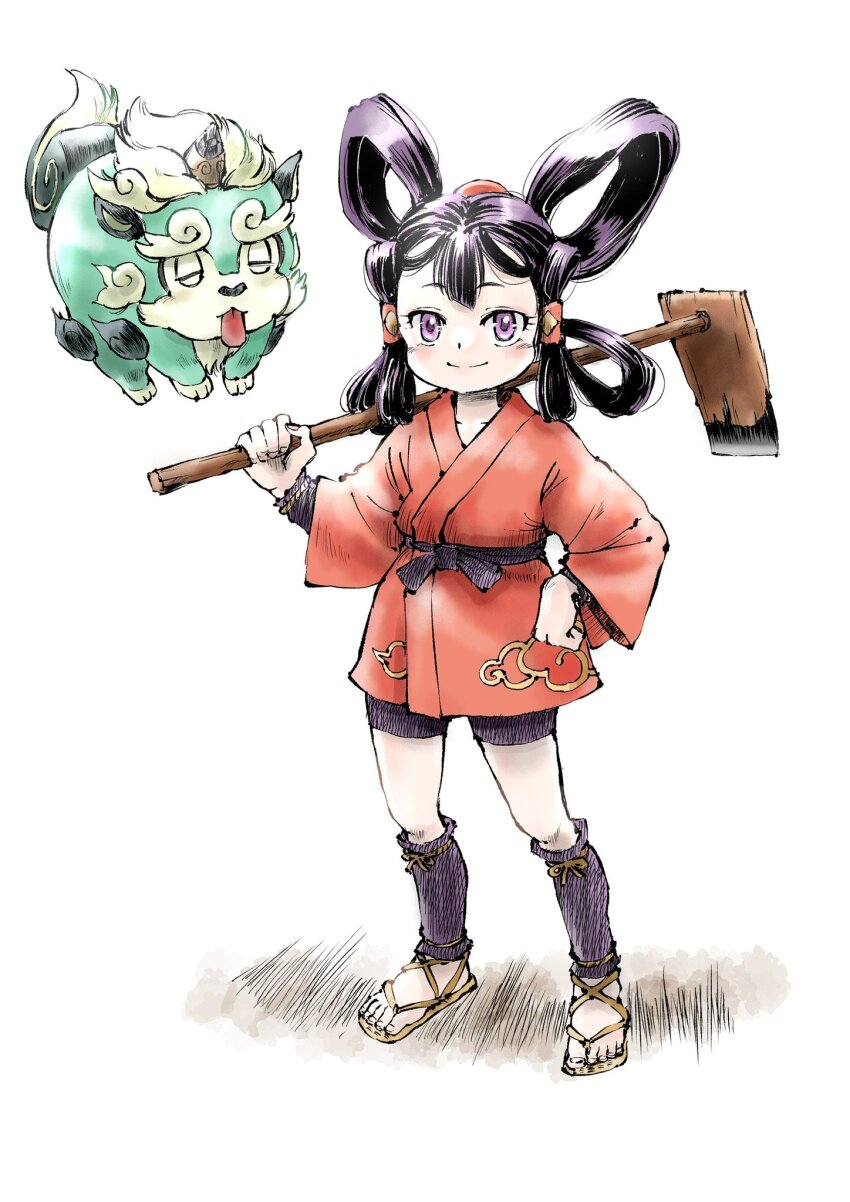 1girl black_hair blush commentary_request hair_rings highres hoe japanese_clothes kaeru_no_papa kimono komainu long_hair looking_at_viewer mizura purple_eyes red_kimono sakuna-hime sandals smile tama-jii tensui_no_sakuna-hime tongue tongue_out