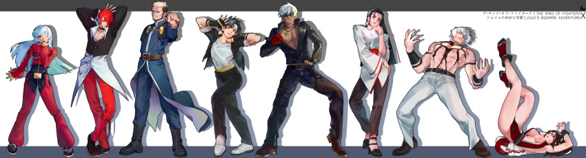 3girls 5boys absurdres belt black_hair blonde_hair blue_hair bodysuit brown_hair cape chaps chest_tattoo dark-skinned_male dark_skin dio_brando&#039;s_pose_(jojo) fingerless_gloves gakuran giorno_giovanna&#039;s_pose_(jojo) gloves goenitz hair_over_one_eye hairband headband higashikata_josuke&#039;s_pose_(jojo) highres jacket japanese_clothes johnny_joestar&#039;s_pose_(jojo) jojo_no_kimyou_na_bouken jojo_pose jonathan_joestar&#039;s_pose_(jojo) joseph_joestar&#039;s_pose_(jojo) k&#039;_(kof) kagura_chizuru kujo_jolyne&#039;s_pose_(jojo) kujo_jotaro&#039;s_pose_(jojo) kula_diamond kusanagi_kyou leather leather_jacket leather_pants long_hair morikiri multicolored_hair multiple_boys multiple_girls ninja orochi_(kof) pants pectorals pelvic_curtain red_gloves red_hair revealing_clothes school_uniform shiranui_mai sunglasses tattoo the_king_of_fighters topless_male two-tone_hair white_hair white_hairband white_headband yagami_iori