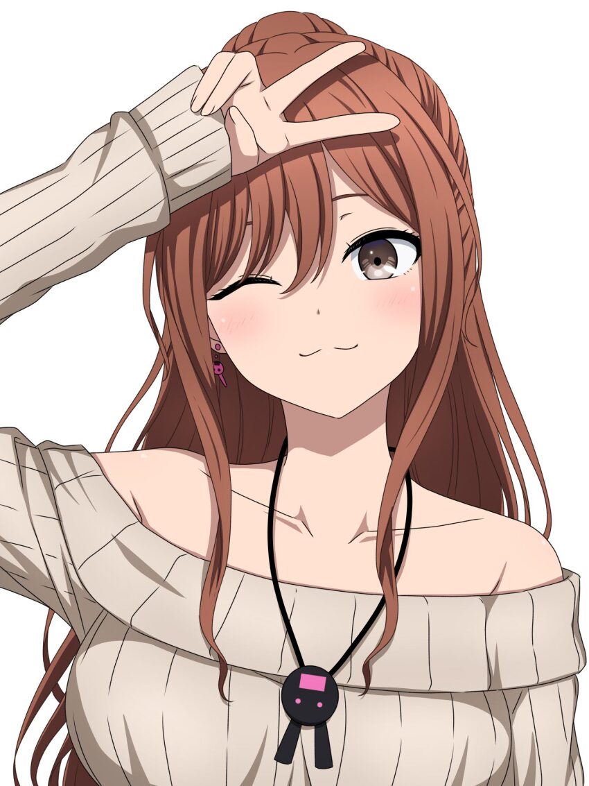 1girl bang_dream! blush brown_eyes brown_hair brown_sweater commentary earrings half_updo hand_up highres imai_lisa jewelry long_hair necklace noshimurin off-shoulder_sweater off_shoulder one_eye_closed simple_background smile solo sweater v white_background