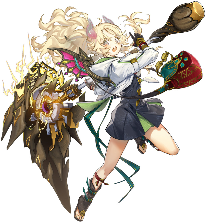 1girl alternate_form anonymous_(yu-gi-oh!) bag black_dress blonde_hair dress duel_monster ecclesia_(yu-gi-oh!) full_body gloves grey_eyes hammer highres holding hood horns huge_weapon incredible_ecclesia_the_virtuous long_hair mini_wings official_alternate_costume official_alternate_design official_alternate_horns official_alternate_weapon official_art open_mouth ponytail shoulder_bag solo third-party_source transparent_background war_hammer weapon white_hood wings yu-gi-oh! yu-gi-oh!_master_duel