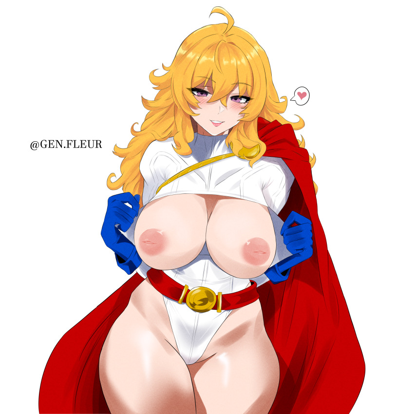 1girl absurdres ahoge belt blonde_hair blue_gloves breasts breasts_out cape cleavage_cutout clothing_cutout cosplay dc_comics gen.fleur gloves heart highleg highleg_leotard highres inverted_nipples large_breasts leotard long_hair looking_at_viewer loose_belt power_girl power_girl_(cosplay) purple_eyes red_cape rwby sleeved_leotard solo speech_bubble spoken_heart very_long_hair white_leotard yang_xiao_long