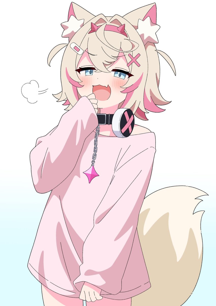 1girl :d animal_ears blonde_hair blue_eyes chain collar dog_ears dog_girl dog_tail fang hairband hand_to_own_mouth headphones headphones_around_neck highres hololive hololive_english horn_hairband long_sleeves looking_at_viewer mococo_abyssgard multicolored_hair no_pants open_mouth pink_hair pink_hairband pink_shirt puff_of_air shirt short_hair simple_background skin_fang smile smug streaked_hair tail two-tone_hair virtual_youtuber white_background yuu-kun_(inugamikenoy)