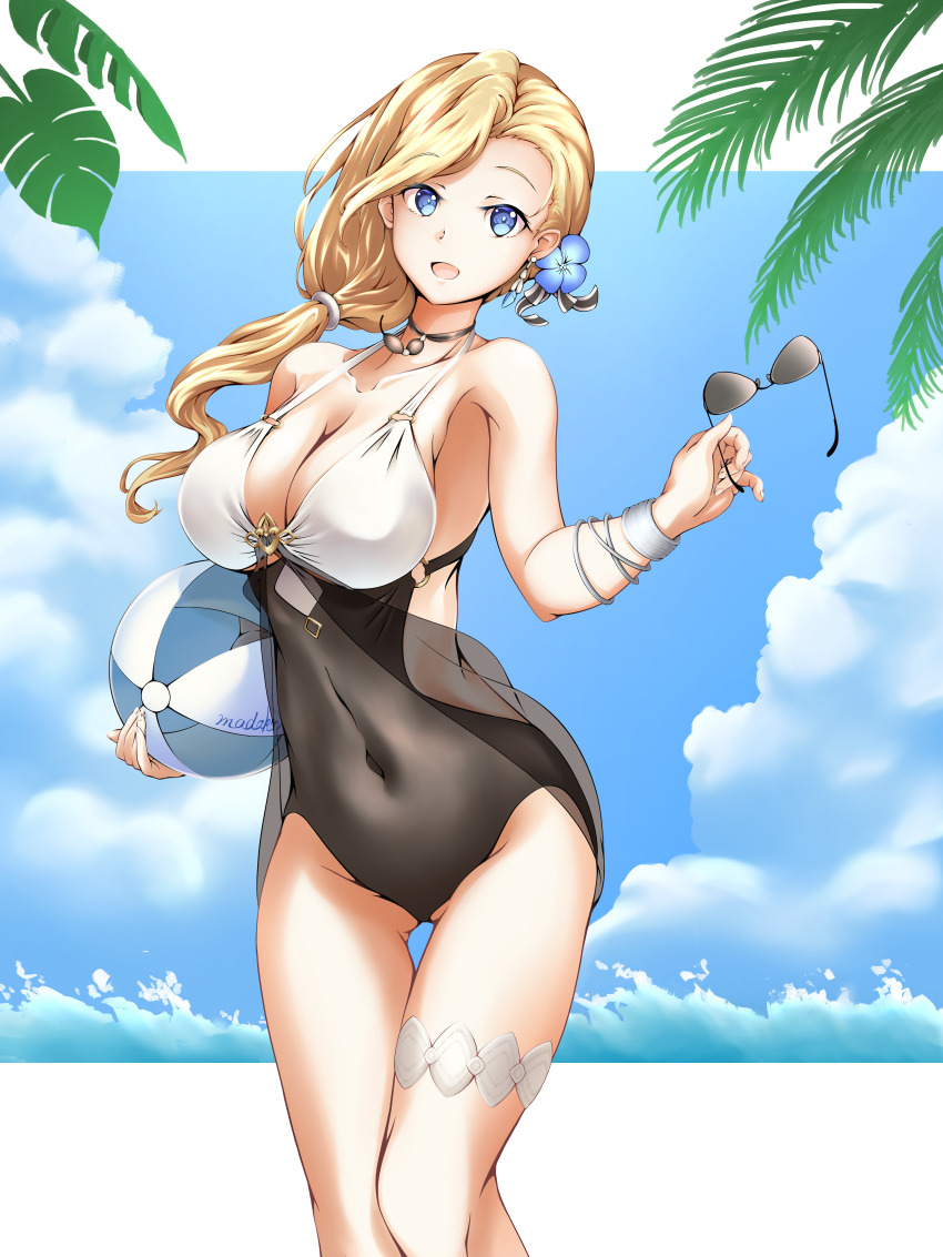 1girl :d absurdres azur_lane ball beachball blonde_hair blue_eyes blue_flower bracelet breasts casual_one-piece_swimsuit choker cleavage cloud cowboy_shot day unworn_eyewear flower hair_flower hair_ornament highres holding holding_ball holding_removed_eyewear hood_(azur_lane) hood_(lady_of_the_shining_sun)_(azur_lane) jewelry large_breasts layered_swimsuit looking_at_viewer madakov_kodima official_alternate_costume one-piece_swimsuit open_mouth palm_tree smile sunglasses swimsuit thigh_strap tree water