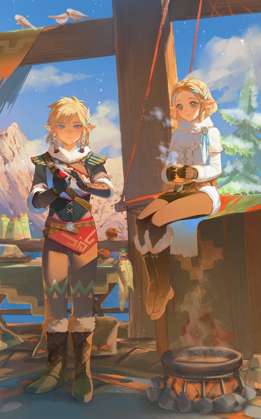 1boy 1girl :d absurdres apple armor belt belt_pouch bird blonde_hair blue_eyes blue_sky bob_cut boots braid braided_sidelock brown_pants cloud cooking_pot cup duoj_ji fingerless_gloves food fruit full_body fur-trimmed_boots fur-trimmed_gloves fur-trimmed_sleeves fur_collar fur_trim gloves green_eyes hair_ornament highres holding holding_cup holding_food holding_fruit holding_knife knife link long_sleeves mountain nintendo open_mouth outdoors pants parted_bangs pointy_ears pouch princess_zelda rug shirt shoulder_armor sidelocks sitting skinning sky smile snowing snowquill_set_(zelda) steam the_legend_of_zelda the_legend_of_zelda:_tears_of_the_kingdom tree triforce white_shirt winter_clothes wooden_beam wooden_floor