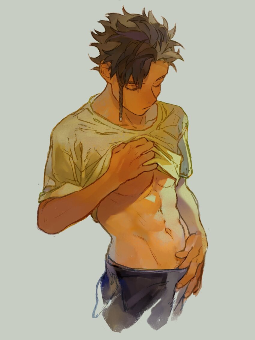 1boy abs arm_up bare_pectorals black_pants braid brown_hair claude_von_riegan closed_eyes closed_mouth clothes_lift collarbone crew_neck cropped_legs dark-skinned_male dark_skin fire_emblem fire_emblem:_three_houses groin hand_in_pants harikoma1010 highres male_focus navel nintendo pants pectorals shirt shirt_lift short_sleeves side_braid single_braid solo toned toned_male yellow_shirt