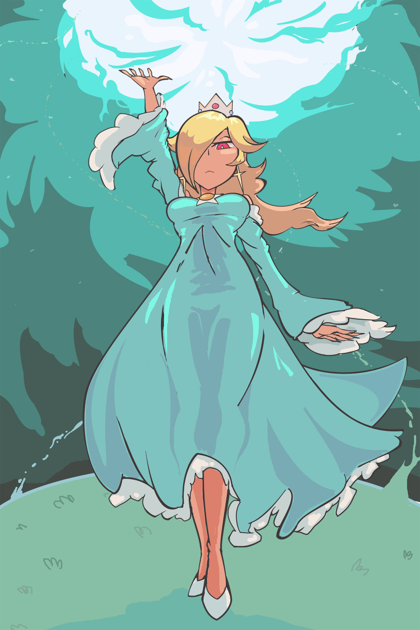 arm_up blonde_hair blue_hair crown davewaterfalls dress earrings hair_over_one_eye jewelry long_hair looking_at_viewer mario_(series) nintendo one_eye_covered outdoors rosalina star_(symbol) star_earrings