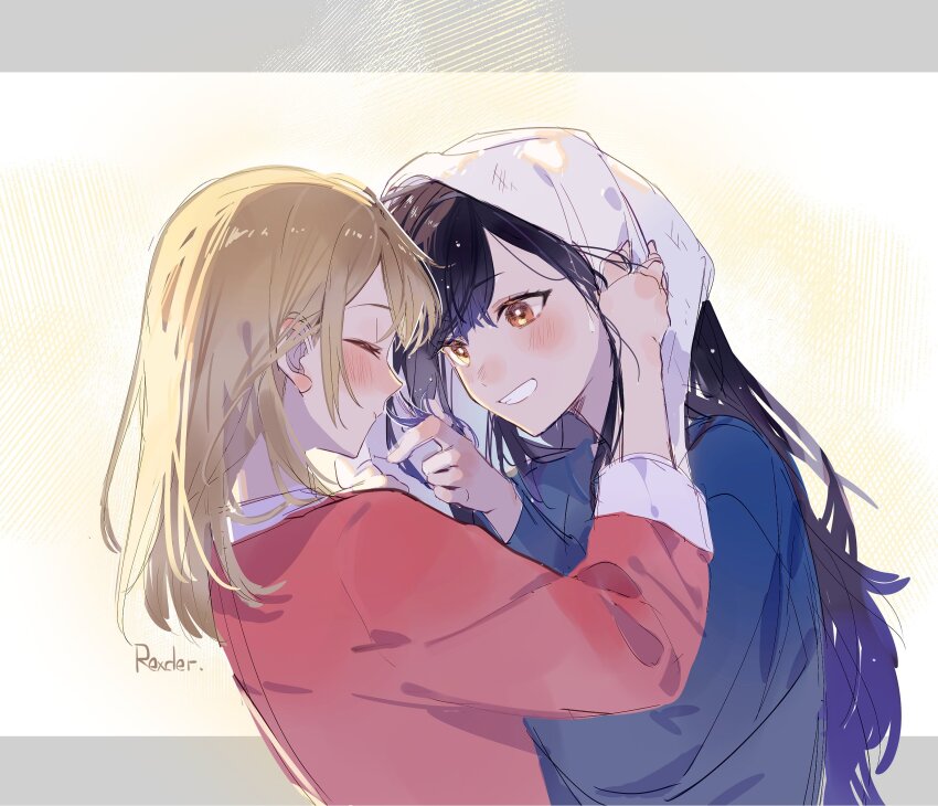 2girls azusawa_kohane blonde_hair brown_eyes closed_eyes highres holding holding_towel jingzhaowhale long_hair looking_at_another multiple_girls open_mouth project_sekai purple_hair shiraishi_an simple_background smile sweater towel upper_body wet yuri