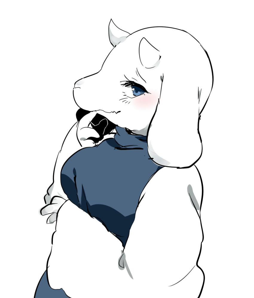 1girl blue_dress blue_eyes blush closed_mouth commentary_request dress eyelashes finger_to_own_chin floppy_ears furry furry_female goat highres horns long_sleeves looking_at_viewer suzune_hapinesu toriel turtleneck turtleneck_dress undertale upper_body wavy_mouth white_background white_sleeves wide_sleeves