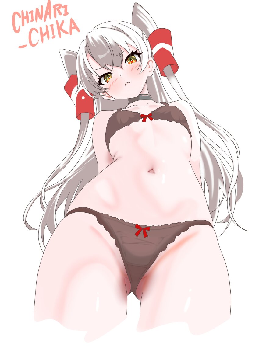 1girl absurdres amatsukaze_(kancolle) artist_name bra brown_bra brown_eyes brown_panties chinari_(chinari_chika) cowboy_shot flat_chest from_behind from_below gluteal_fold grey_hair hair_tubes highres kantai_collection long_hair looking_at_viewer navel one-hour_drawing_challenge panties simple_background solo two_side_up underwear underwear_only white_background