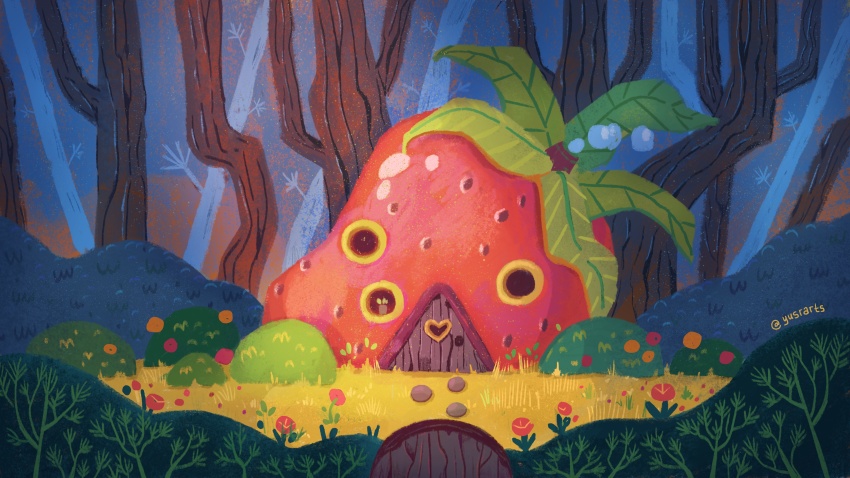 absurdres artist_name building bush chimney door flower food forest fruit gate grass heart highres house leaf nature no_humans original outdoors plant red_flower rock round_window scenery smoke strawberry sunlight tree twitter_username wide_shot window yusra
