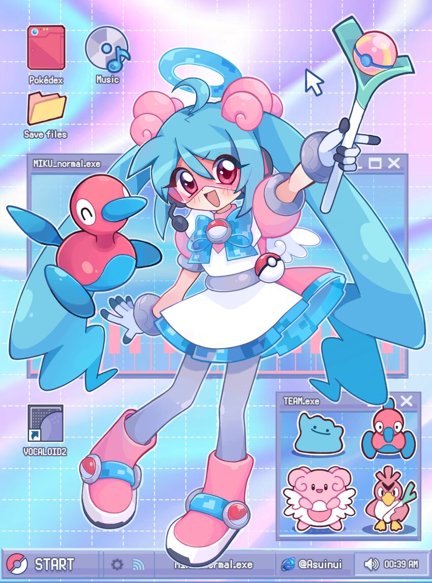 1girl :d absurdres ahoge alternate_color alternate_costume ankle_boots artist_name asuinui blissey blissey_(cosplay) blue_bow blue_hair blue_halo blue_trim boots bow bracelet cosplay cursor desktop_(computing) ditto dress farfetch&#039;d farfetch&#039;d_(cosplay) full_body gen_1_pokemon gen_2_pokemon grid_background hair_between_eyes halo hatsune_miku highres holding icon_(computing) jewelry long_hair mega_man_(series) mega_man_battle_network_(series) mini_wings multicolored_dress nintendo open_mouth pantyhose pink-tinted_eyewear pink_boots poke_ball pokemon pokemon_(creature) porygon porygon2 porygon_(cosplay) puffy_sleeves purple_pantyhose shiny_pokemon short_sleeves smile spring_onion standing taskbar tinted_eyewear twintails two-tone_gloves vocaloid window_(computing) wings