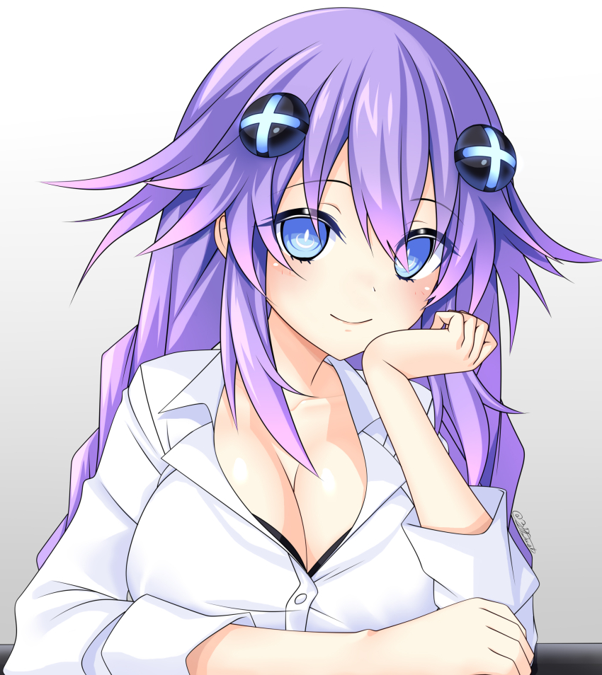 1girl alexstardust31 black_bra blue_eyes bra braid breasts choujigen_game_neptune cleavage d-pad d-pad_hair_ornament dress_shirt hair_ornament highres looking_at_viewer neptune_(series) power_symbol power_symbol-shaped_pupils purple_hair purple_heart_(neptunia) shirt simple_background smile solo symbol-shaped_pupils twin_braids underwear